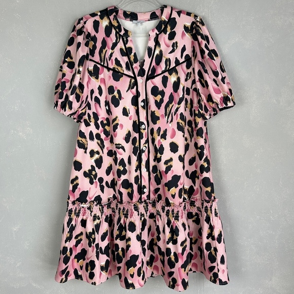 VOY size L pink leopard drop waist ruffle dress short puff sleeve button front - Picture 1 of 12